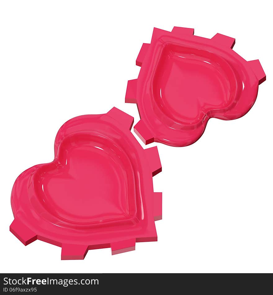 Two red hearts gears on white background. Mechanism feeling. St. Valentines hearts. Two red hearts gears on white background. Mechanism feeling. St. Valentines hearts