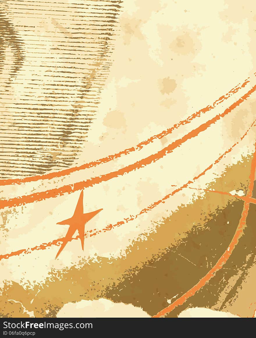 Old spotty grunge paper with strips and orange star (vector eps 10)