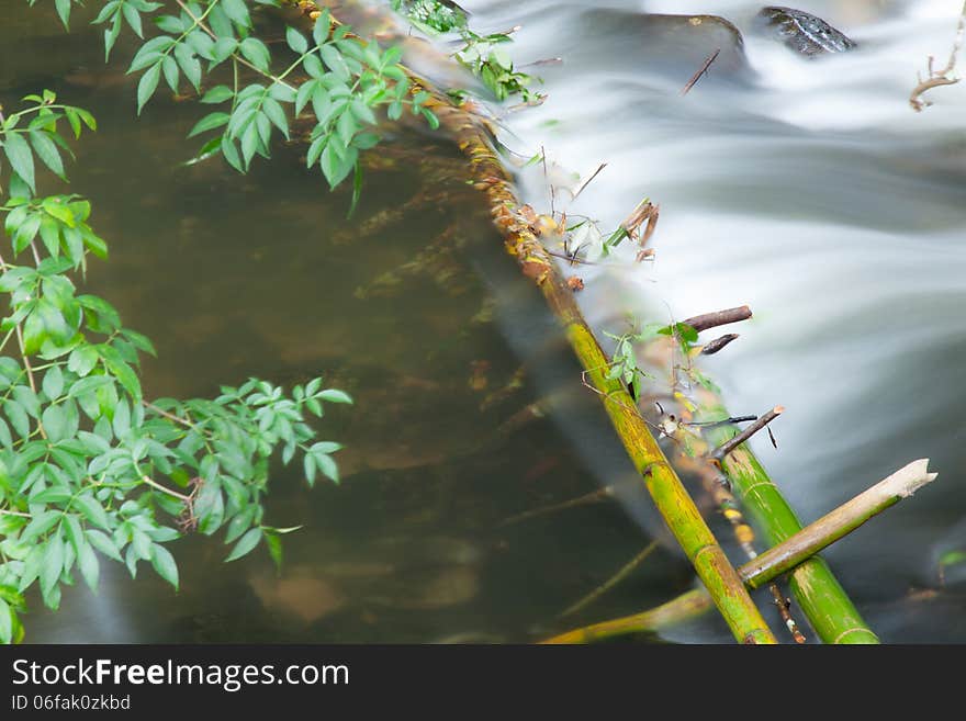 Downstream dam To slow down the flow of wood.