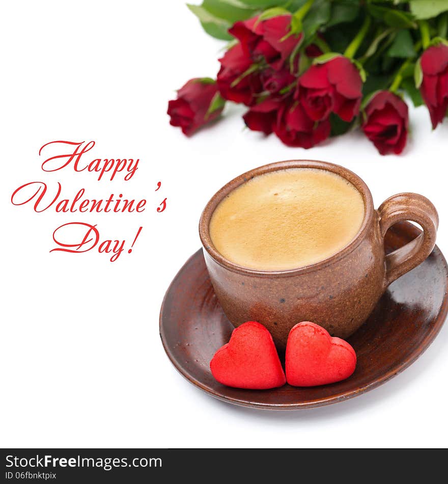 Coffee, candies and red roses for Valentine's Day, top view, isolated on white. Coffee, candies and red roses for Valentine's Day, top view, isolated on white