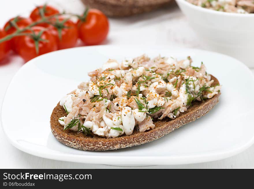 Rye bread with tuna and homemade cheese, horizontal