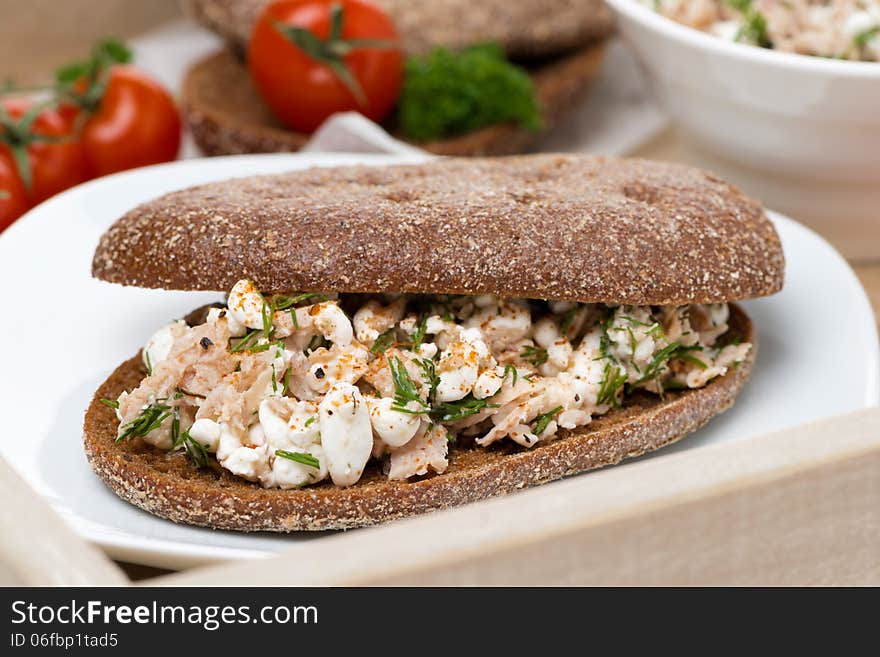 Sandwich of rye bread with tuna and homemade cheese on a tray, close-up, horizontal