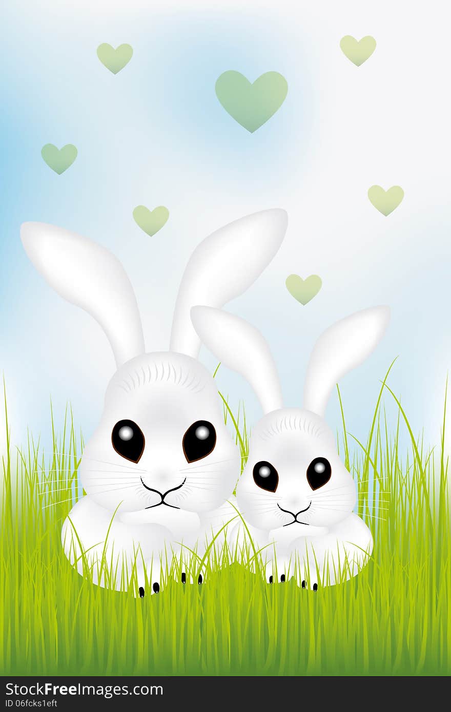 Adorable Easter rabbits in green grass with green hearts under the cloudy sky - illustration