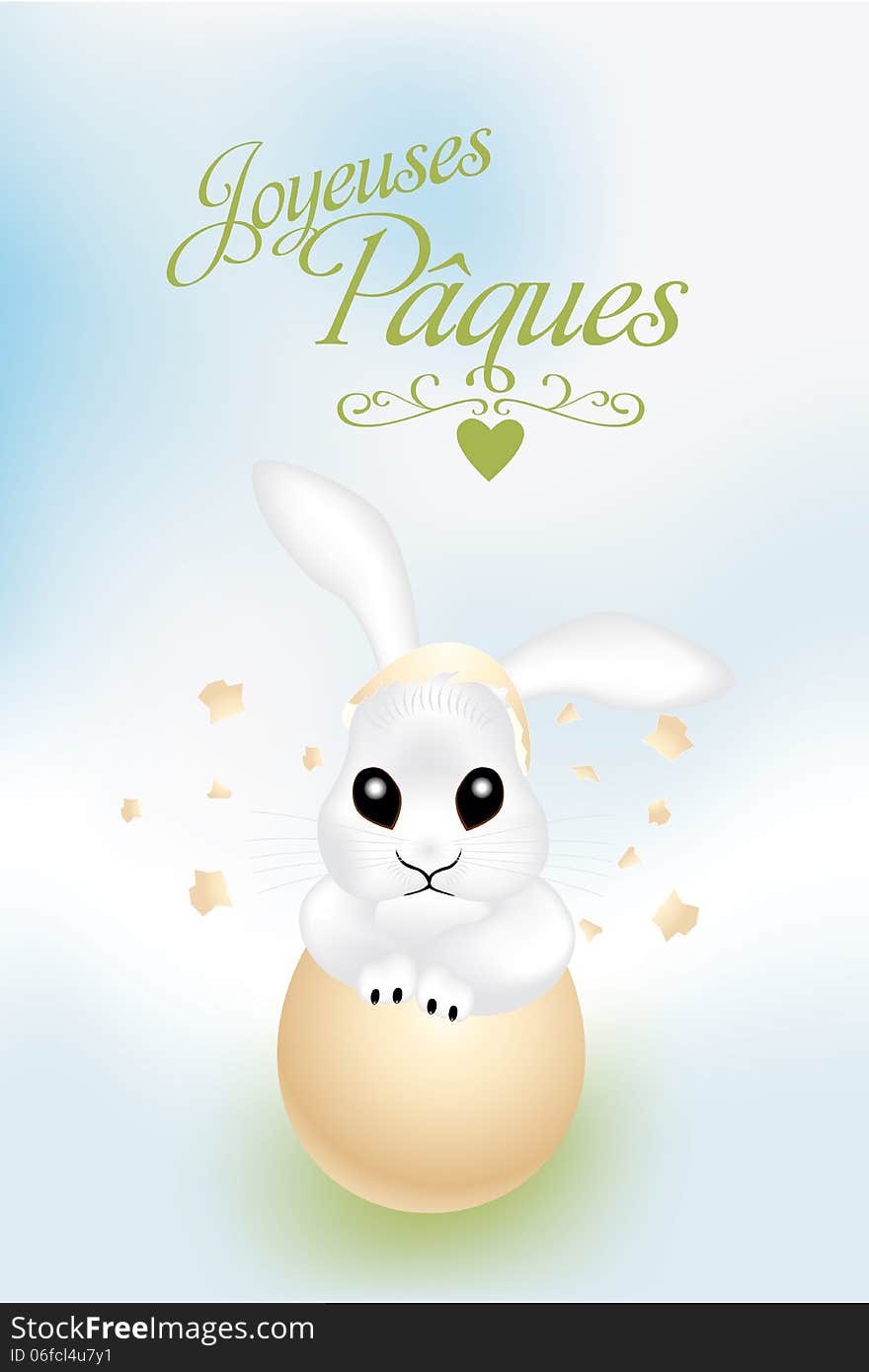 French Easter card with cute bunny in broken egg s