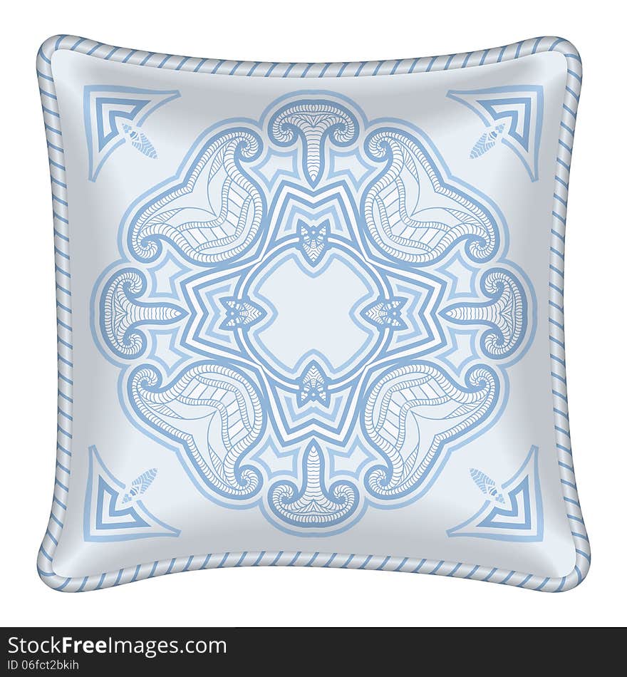 Interior design element: Decorative pillow, patterned pillowcase (traditional oriental pattern). Isolated on white. Vector illustration.