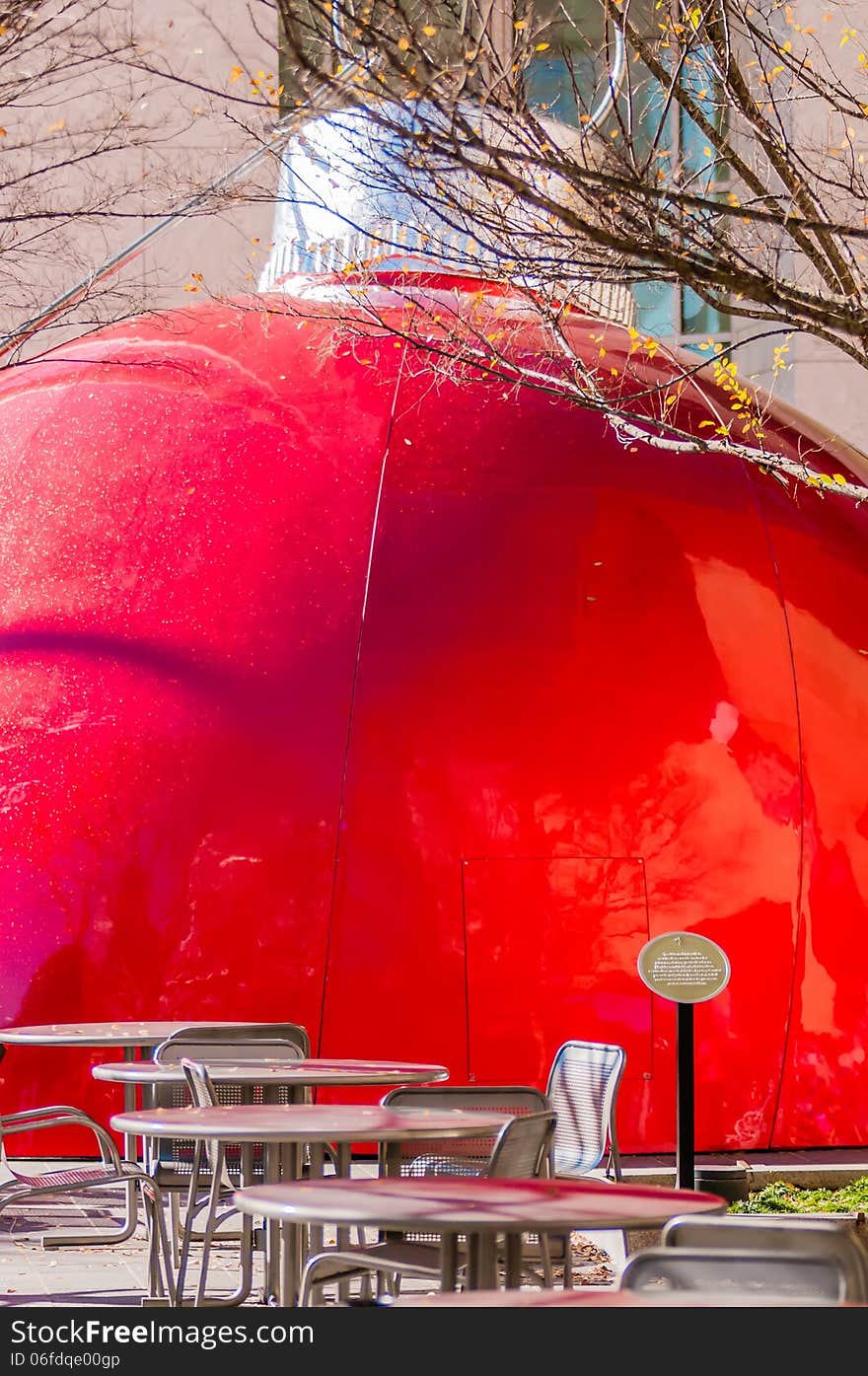 Giant red bauble on city plaza