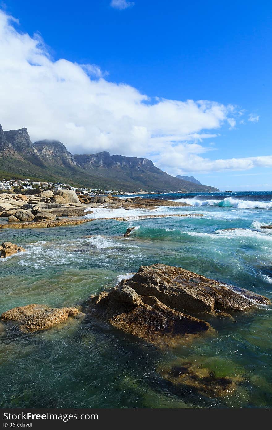 Beautiful Camps Bay Beach and Twelve Apostles Mountain, Cape Town, South Africa