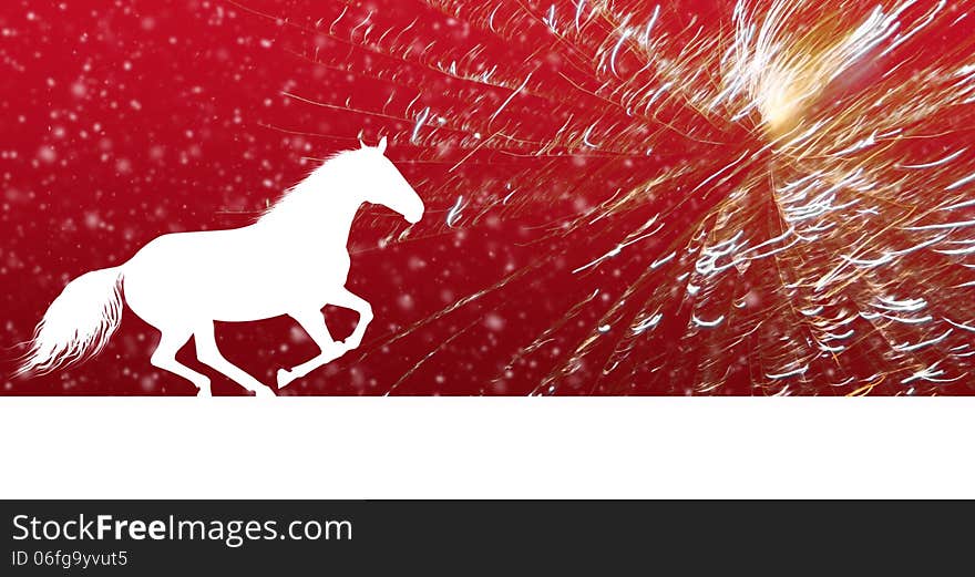 Horse for New Year on red background with fireworks