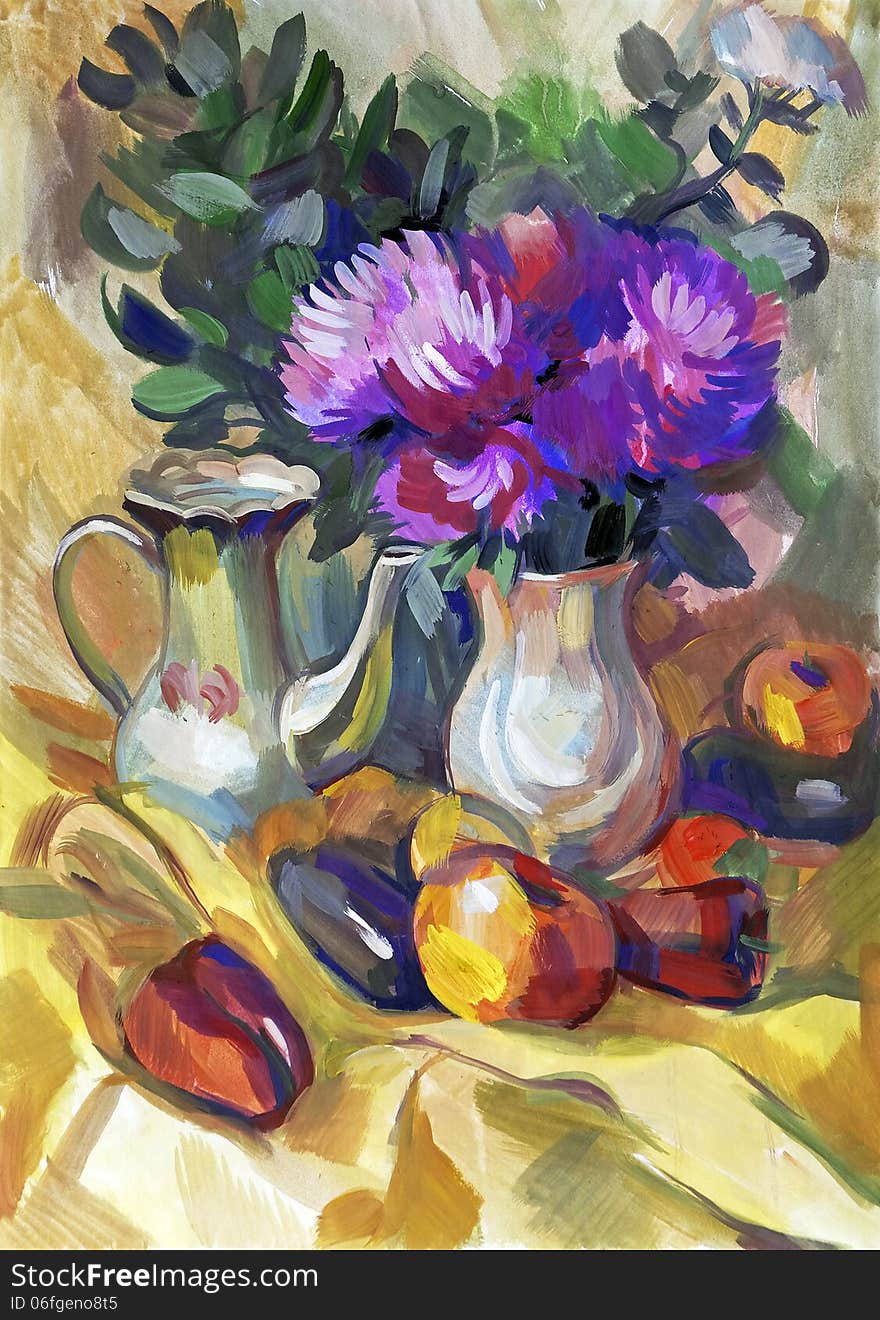 Still life a bouquet of flowers. Hand-drawn in gouache