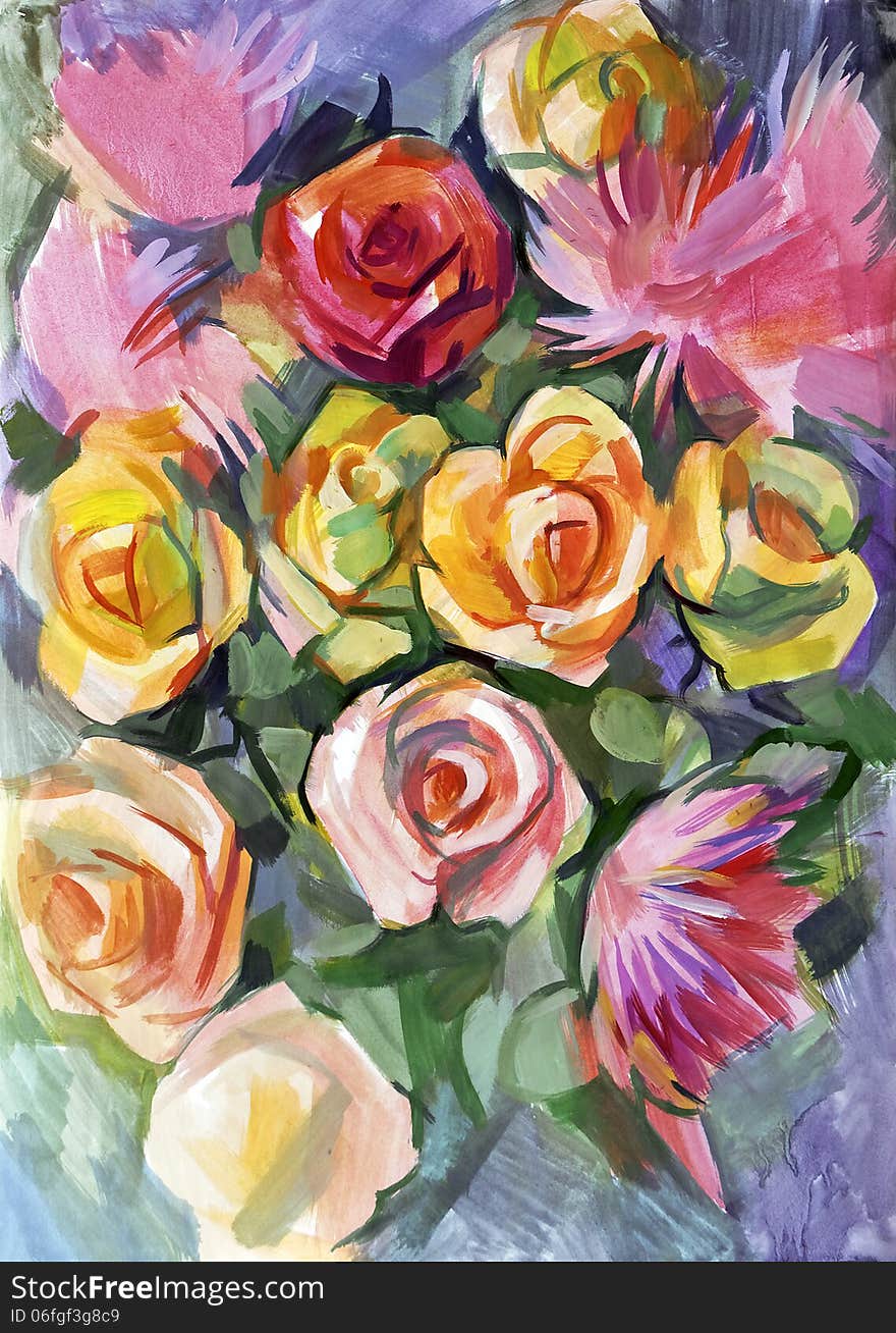 Still life a bouquet of flowers. Hand-drawn in gouache