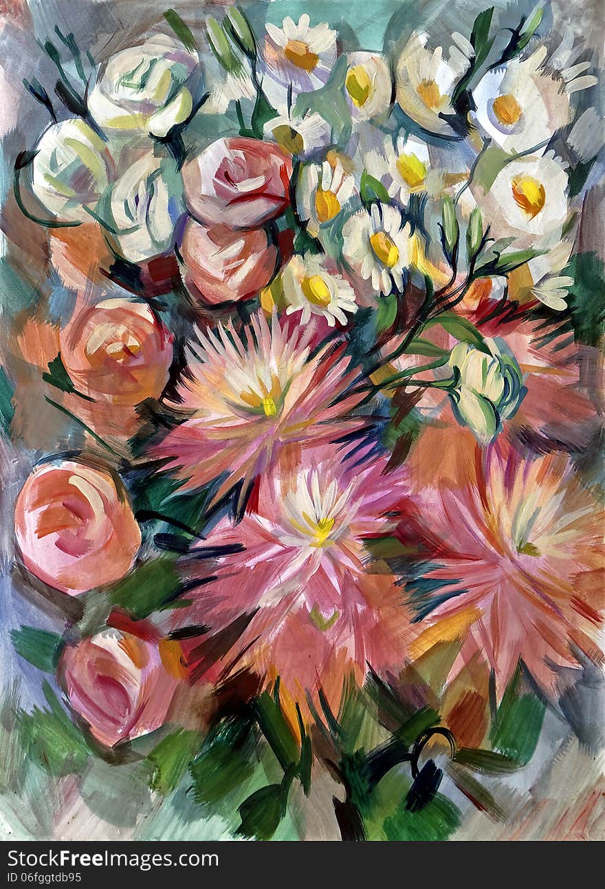 Still life a bouquet of flowers. Hand-drawn in gouache