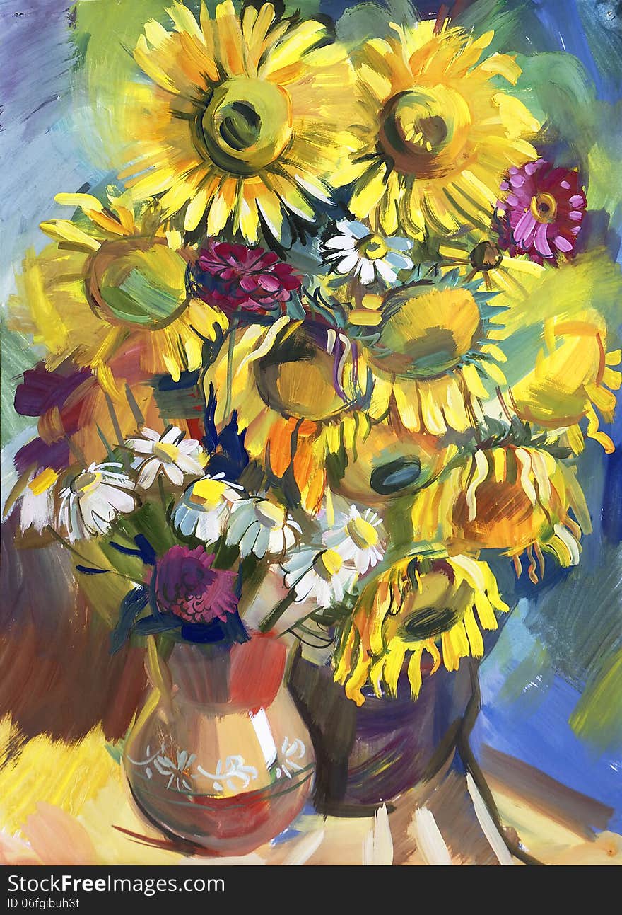 Sunflower. Still life a bouquet of flowers. Hand-drawn in gouache