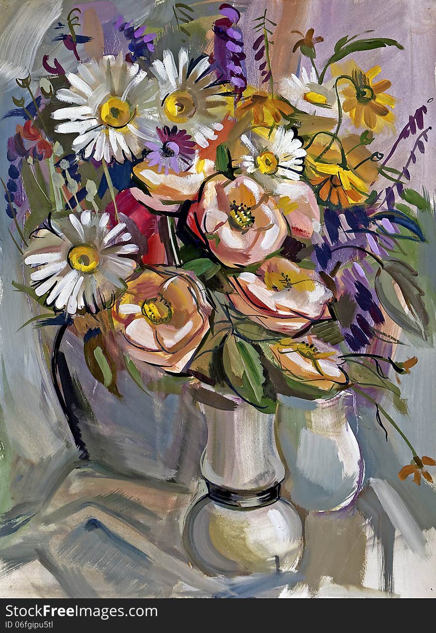 Still life a bouquet of flowers. Hand-drawn in gouache