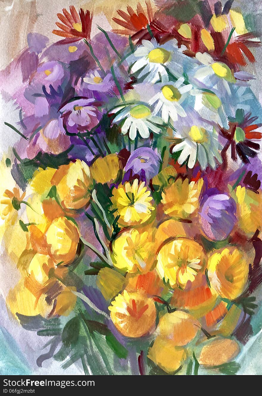 Still life a bouquet of flowers. Hand-drawn in gouache