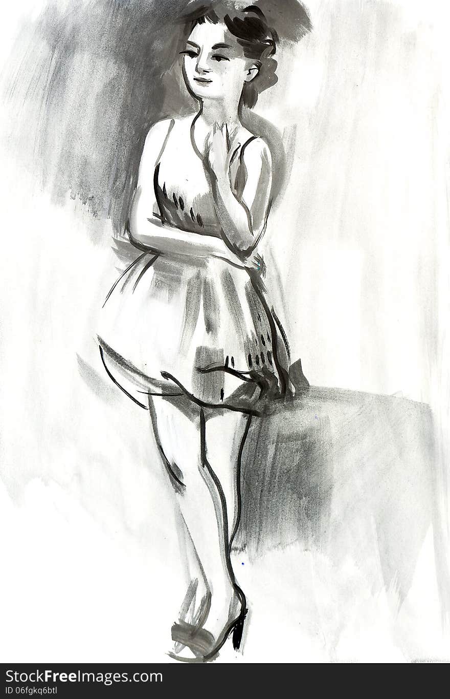 Sketch of a female figure. Hand-drawing in gouache