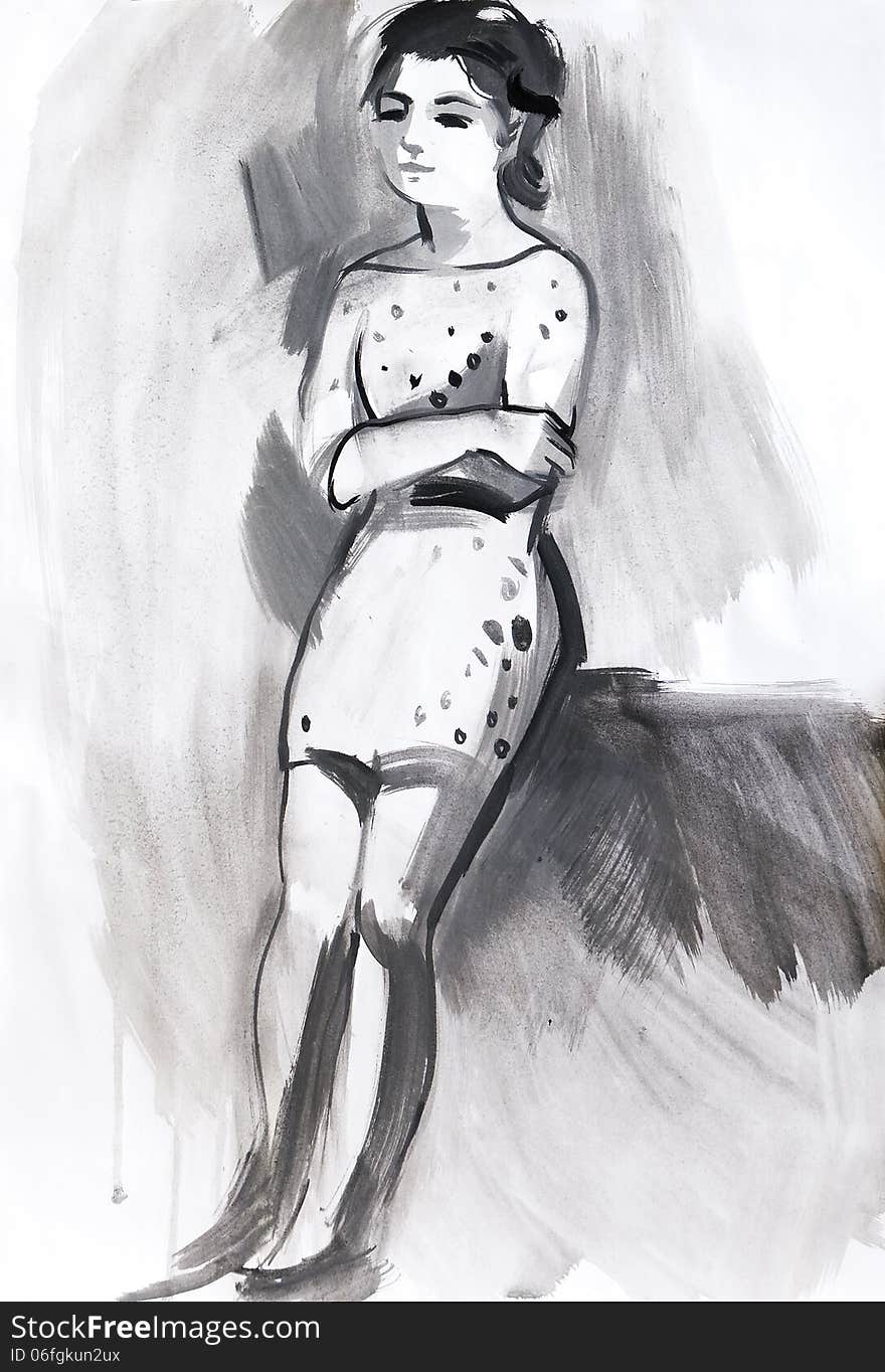 Sketch of a female figure. Hand-drawing in gouache