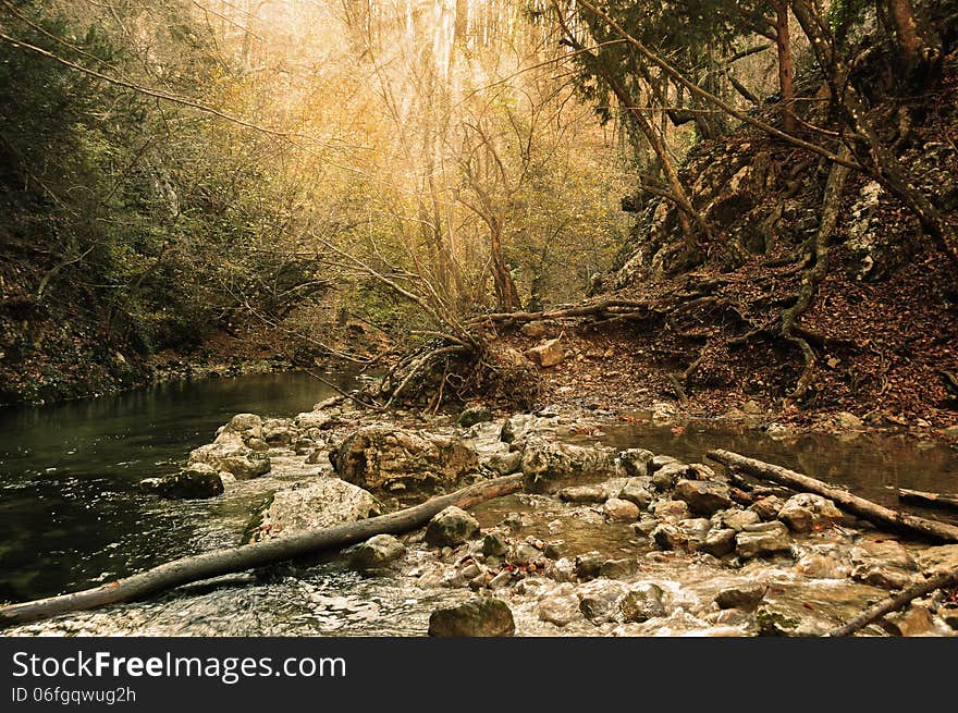 Ukraine, the Crimean peninsula, Grand Canyon of Crimea, dawn in the autumn forest, mountain river, fallen trees, large rocks, boulders, the rapids