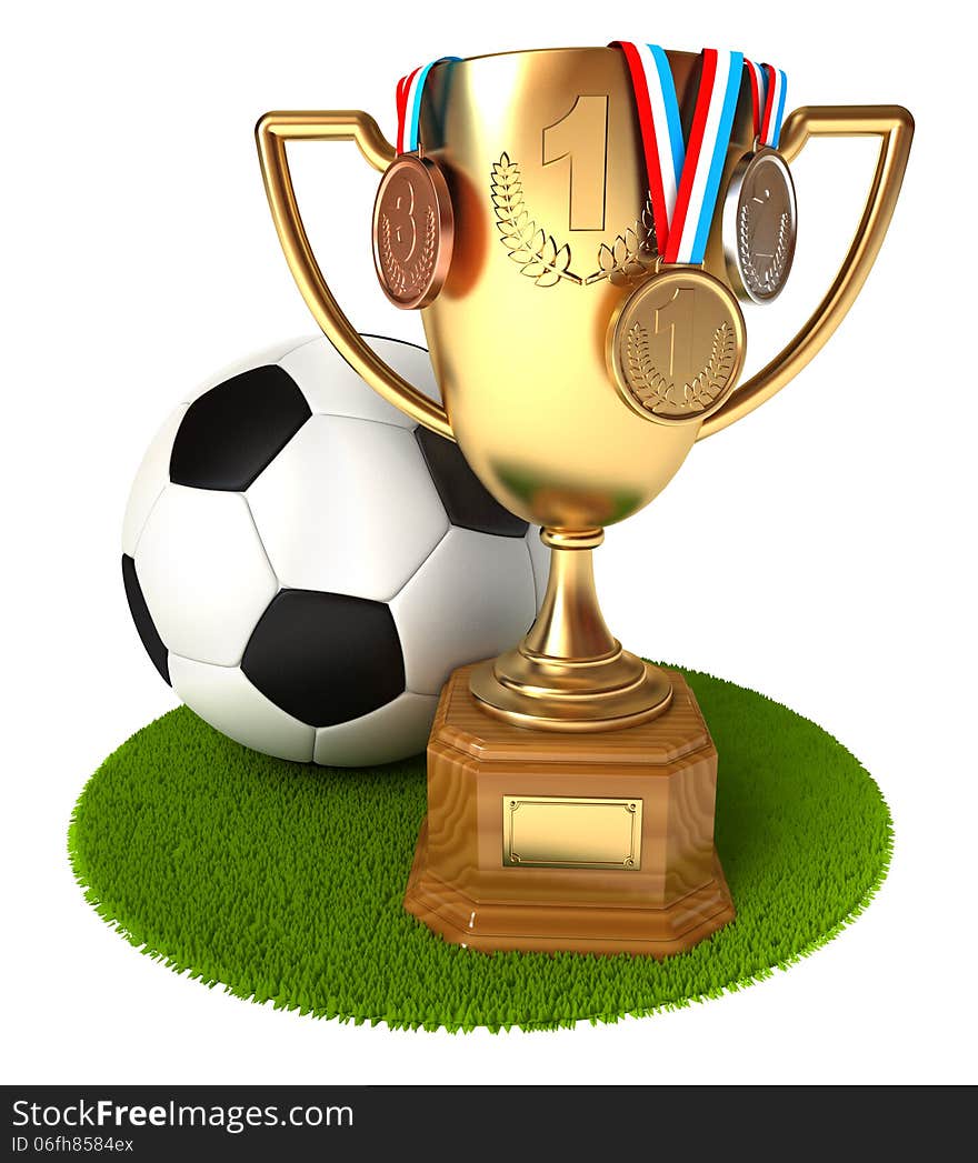 Gold Cup With Medals And Soccer Ball