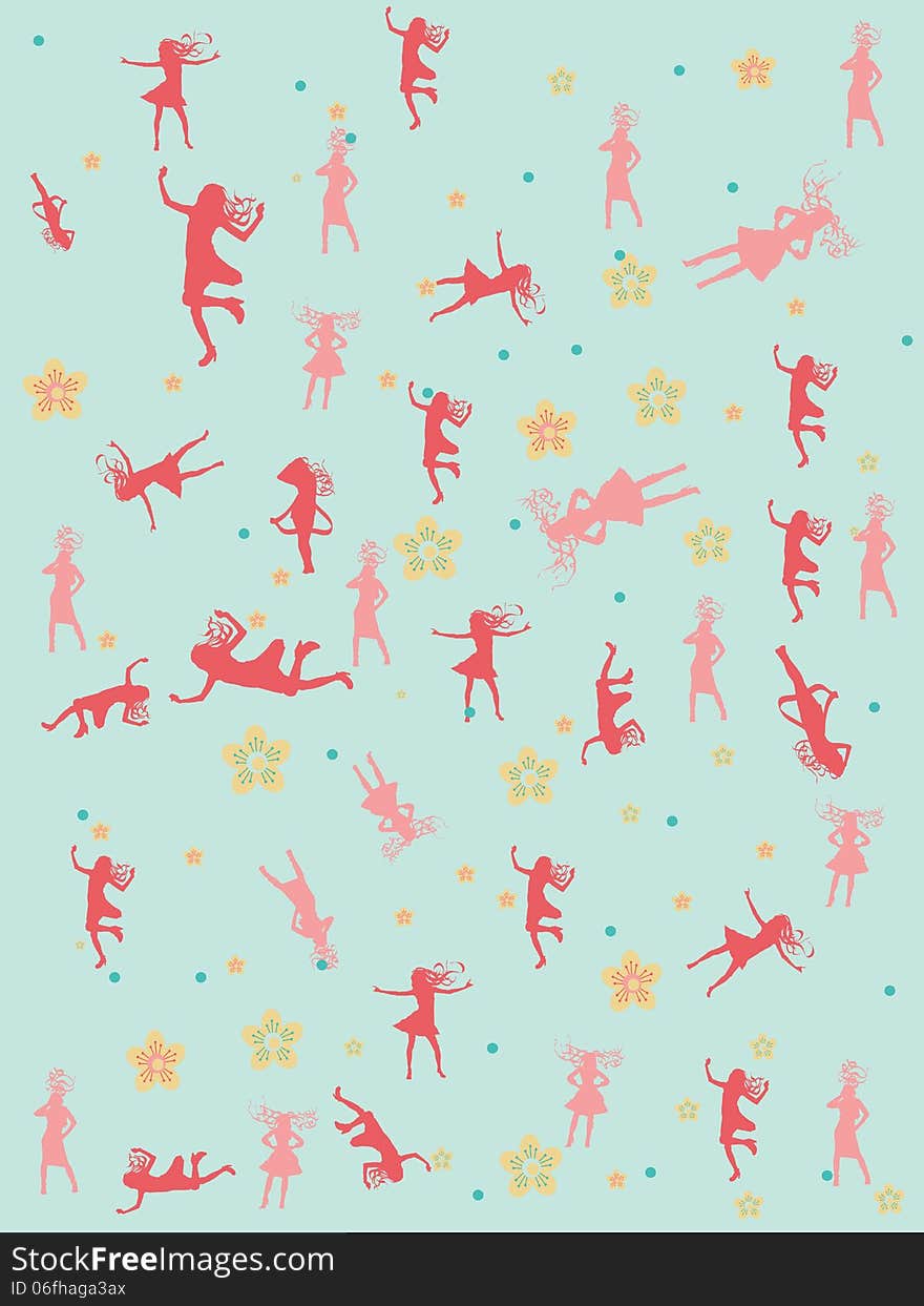 Blue background with female silhouettes and flowers. pink silhouettes and yellow flowers.