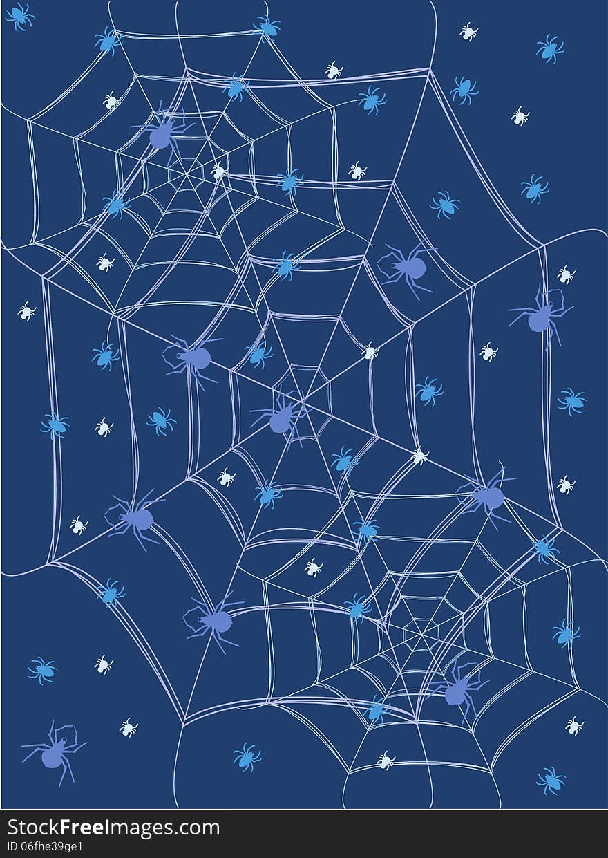 Blue Background With Spiders And Cobwebs.