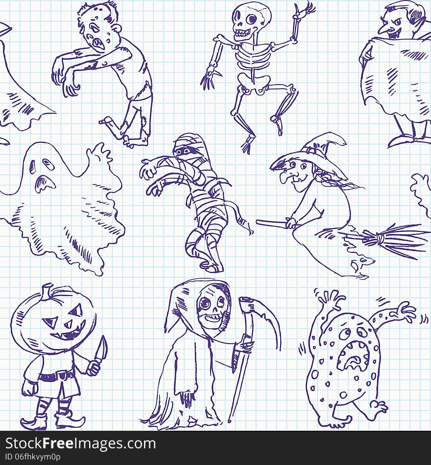 Freehand drawing halloween on a sheet of exercise book. Vector illustration. Seamless pattern