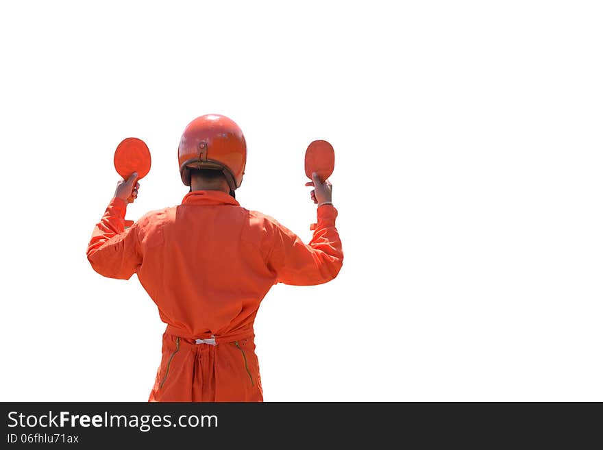 Runway signal landing man isolated on white background. Runway signal landing man isolated on white background