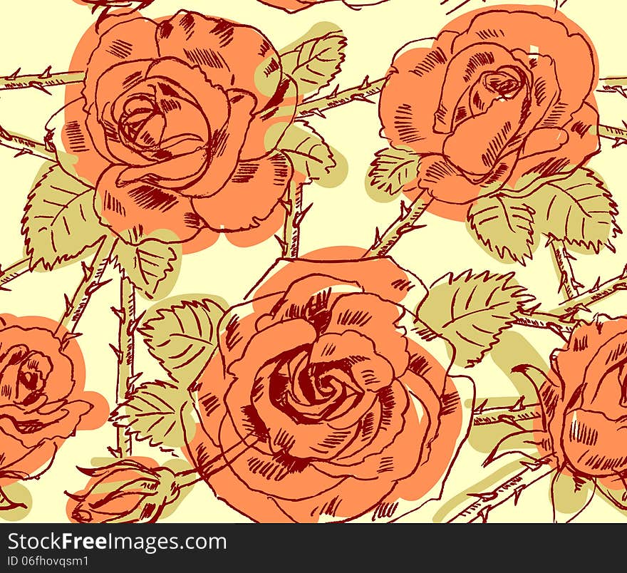 Freehand drawing roses. Vector illustration. Seamless pattern