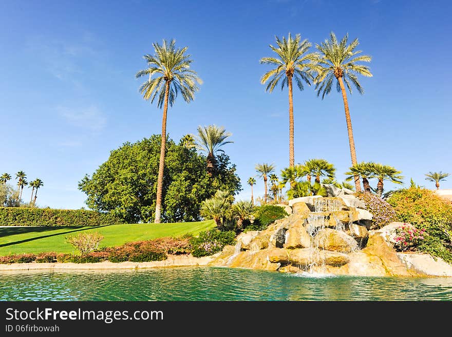 Fountain of water over boulders with row of palm trees. Fountain of water over boulders with row of palm trees