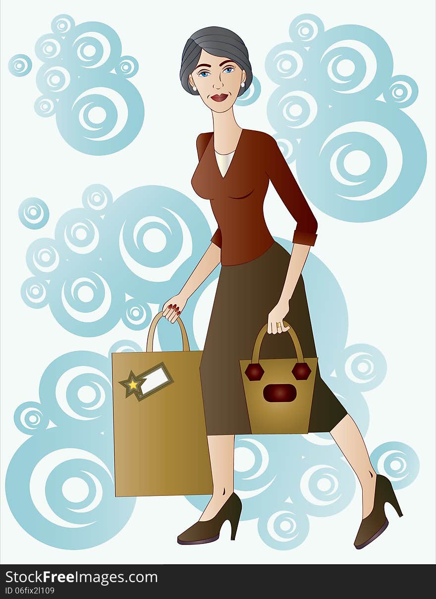 Illustration of beautiful mature woman carrying a gift bag on background of blue circular shapes. Illustration of beautiful mature woman carrying a gift bag on background of blue circular shapes.