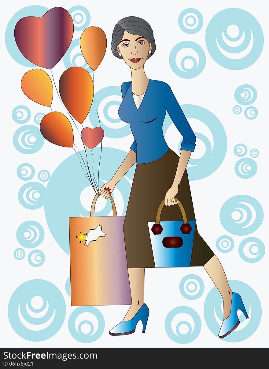 Illustration of beautiful mature woman carrying a gift bag on background of blue circular shapes. Illustration of beautiful mature woman carrying a gift bag on background of blue circular shapes.