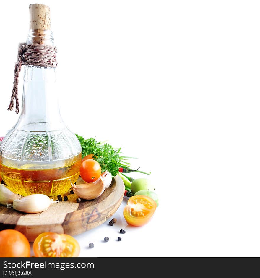 Food ingredient with Tomato, chives, garlic, red chili, lime and parsley on white background with sample text