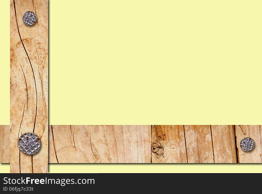 Abstract frame of wooden planks with nails over light yellow background