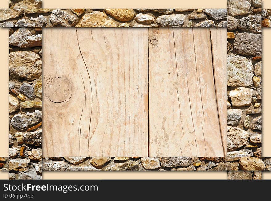 Abstract frame with stone borders over wooden board background. Abstract frame with stone borders over wooden board background