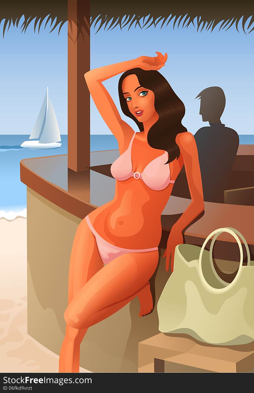 Tanned woman in bikini standing at the seashore bar waiting for a drink. Tanned woman in bikini standing at the seashore bar waiting for a drink