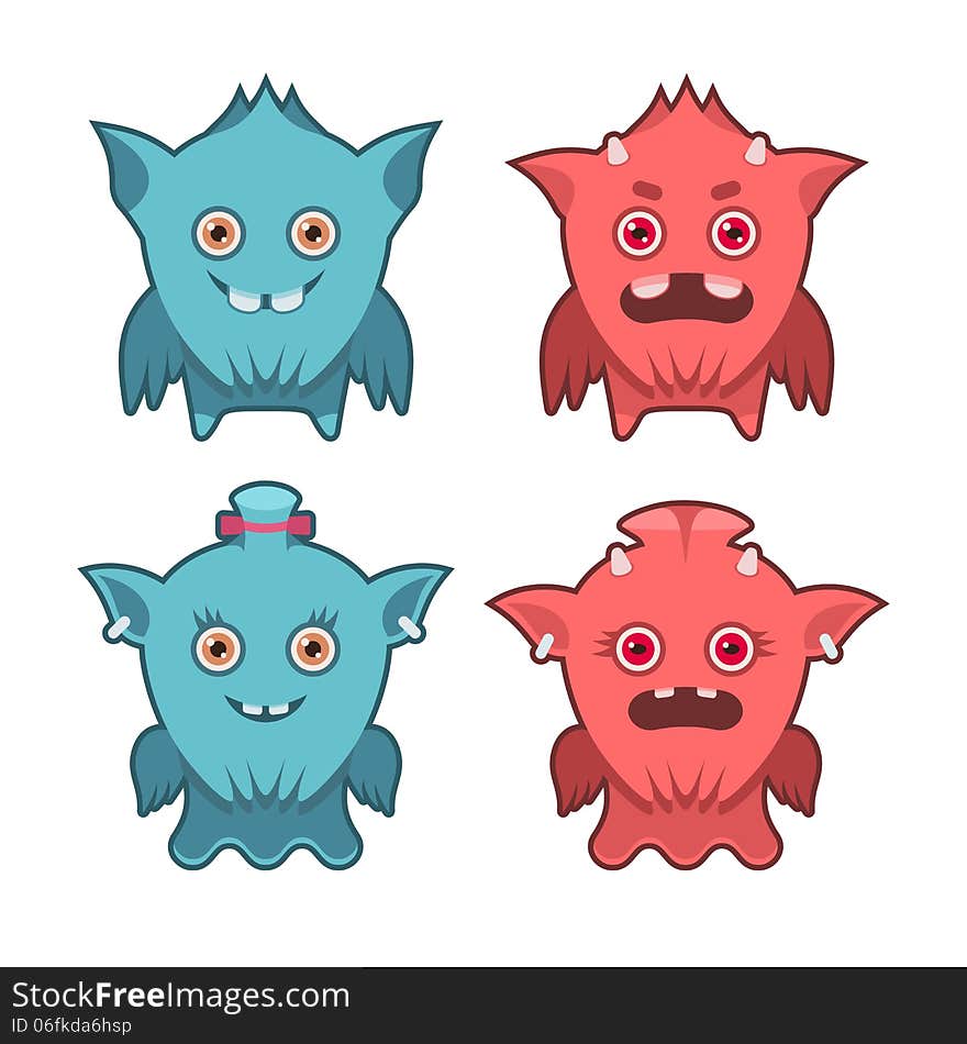 Illustration of male and femail monsters with different face expressions. Illustration of male and femail monsters with different face expressions