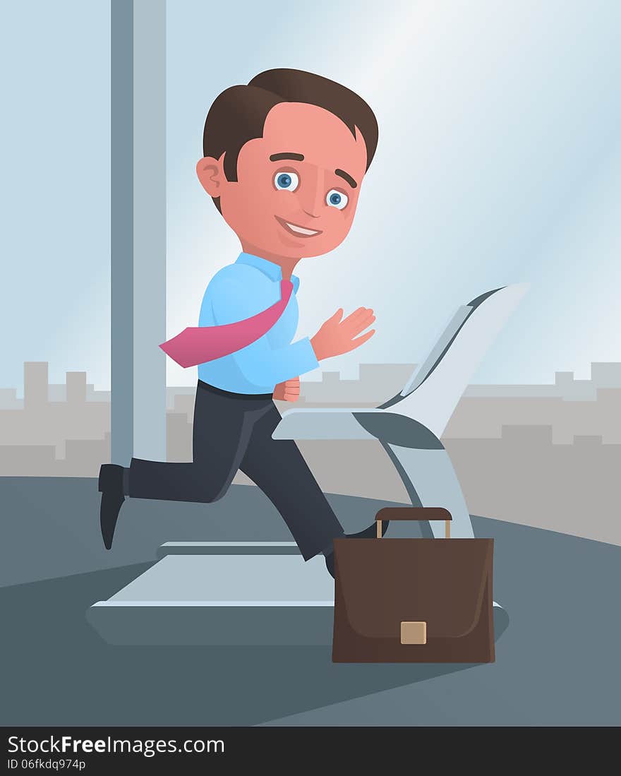 Businessman running on a treadmill