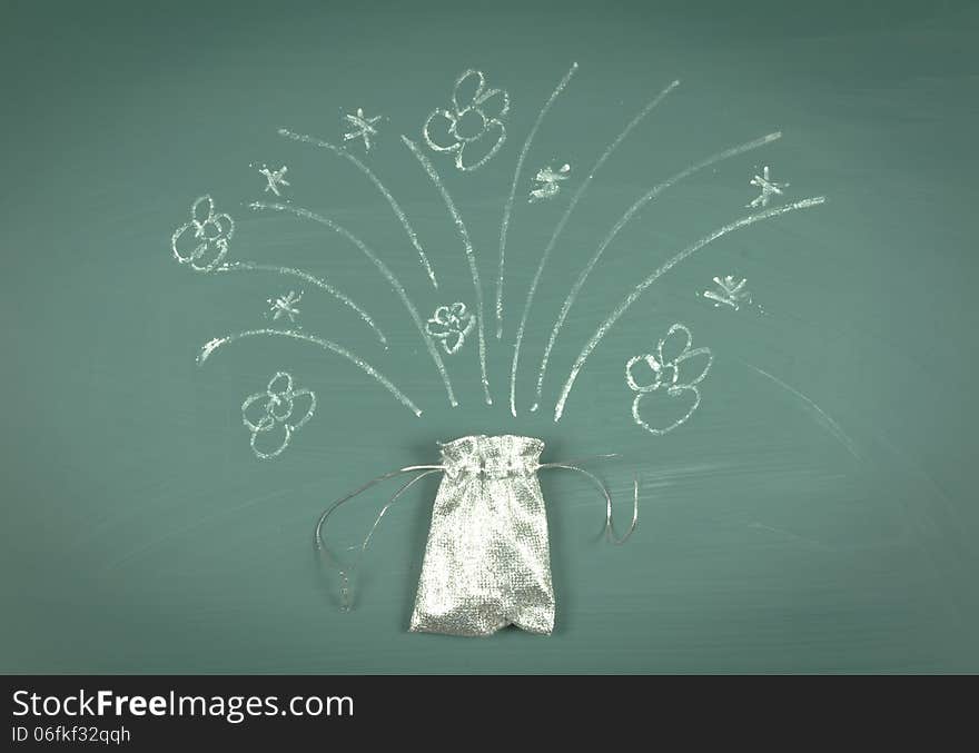 Conceptual background open gift bag drawing chalkboard