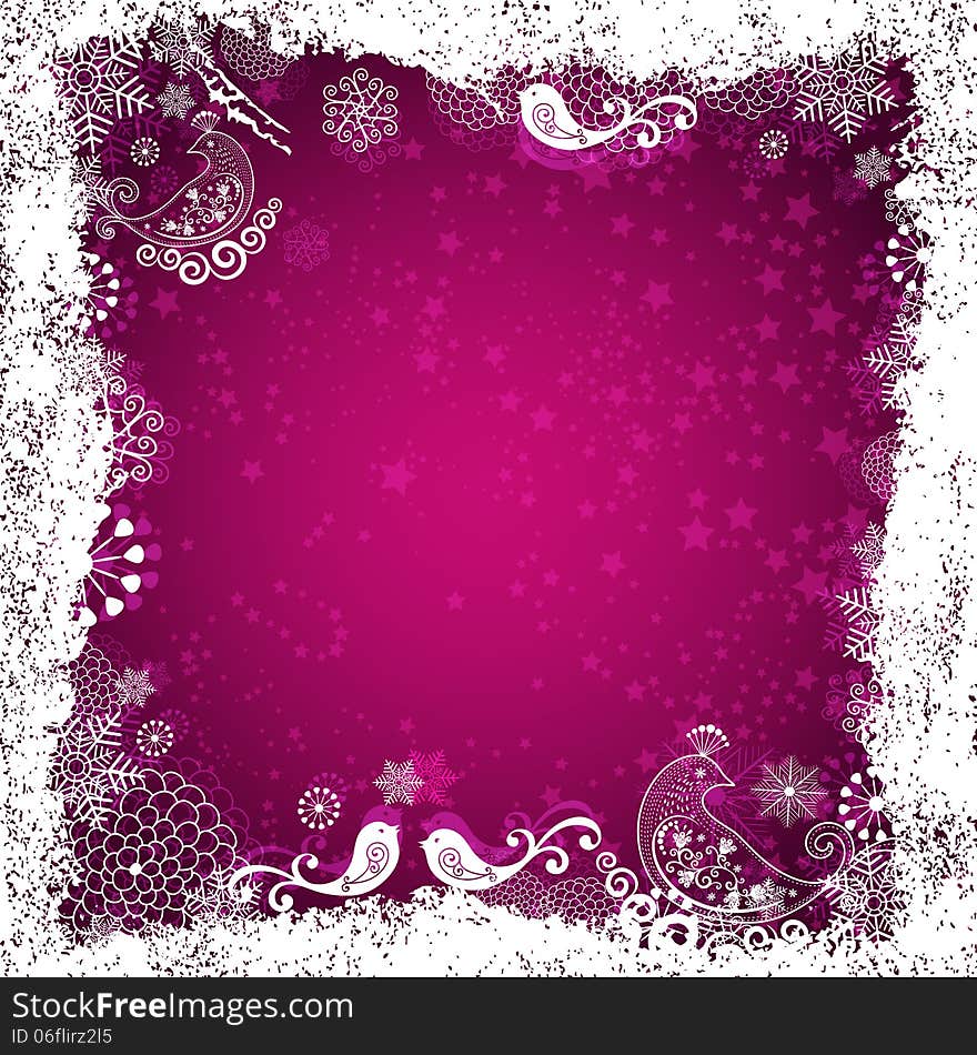 Purple christmas frame with white birds, snowflakes and stars (vector eps 10)