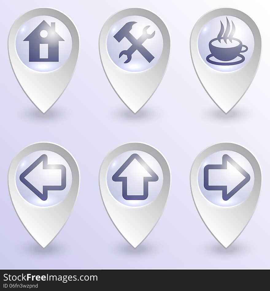 Vector set of glass map pins with informational images. Vector set of glass map pins with informational images