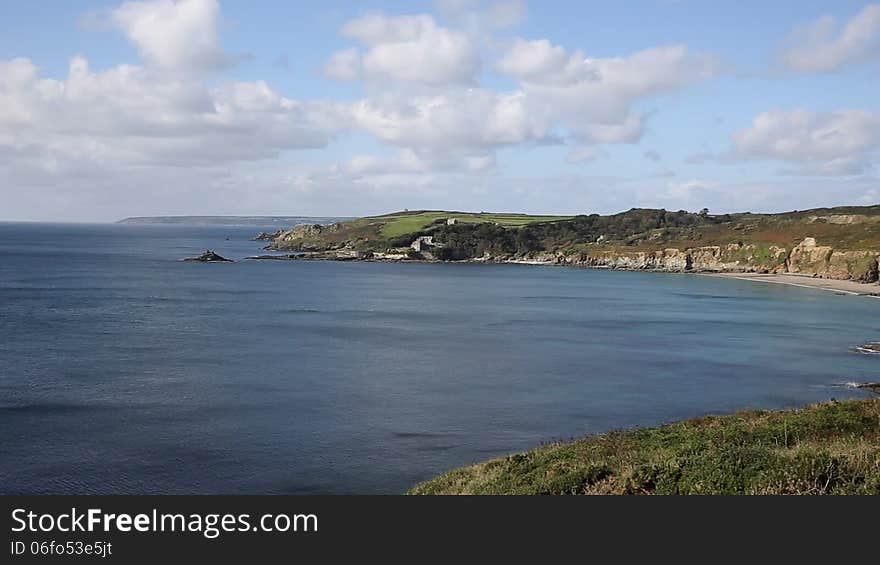 Kenneggy Sand Cornwall England west of Praa Sands and Penzance on the South West Coast Path with blue sky and sea on a sunny day