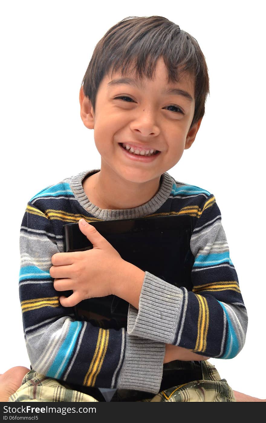 Happy little boy with tablet on white background