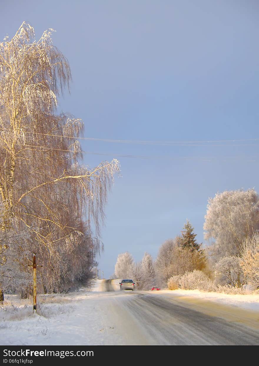 Country road in winter with sunshine on trees