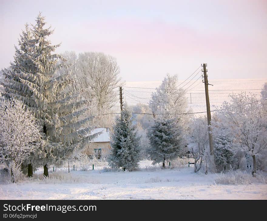 Winter rural landscape under snow