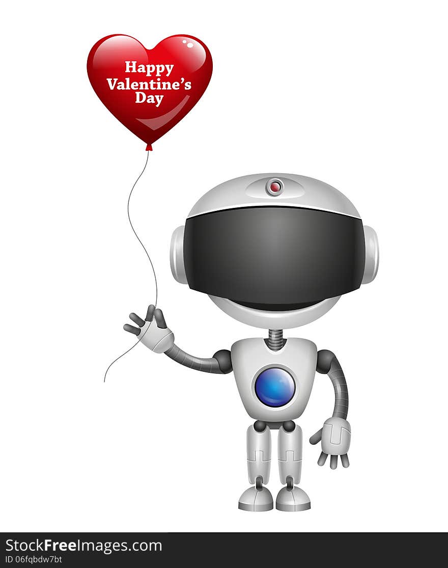 Valentines Day. Robot With Balloon Heart. Vector illustration