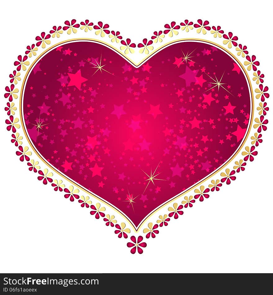 Red and gold vintage valentine frame with big purple heart and stars isolated on white (vector eps 10)