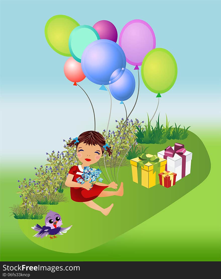 , the composition of the seated girl holding balloons and flowers. , the composition of the seated girl holding balloons and flowers