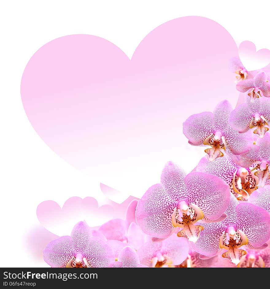 Greeting card as heart shape on background with pink orchid flowers. Greeting card as heart shape on background with pink orchid flowers