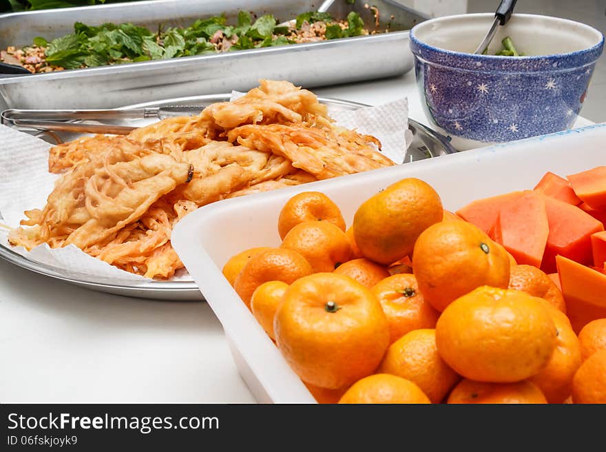 Dinner with Minced meat, Fried prawn balls and fruits