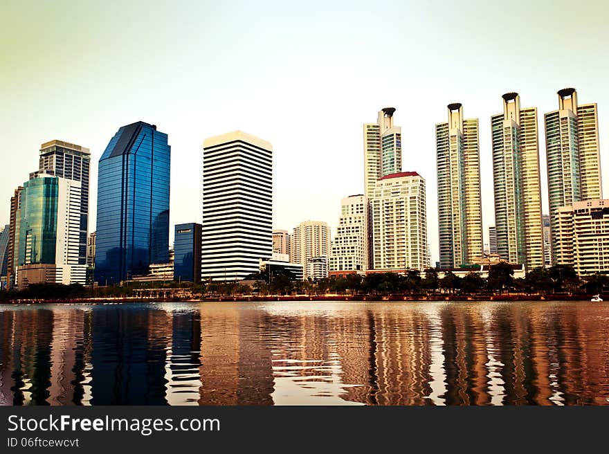 City Skyscrapers at evening in the sunset, Thailand