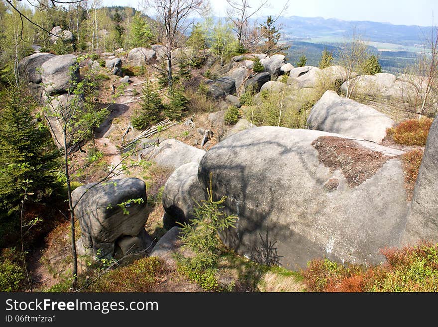 Landscape with rocks and trees between them. Landscape with rocks and trees between them